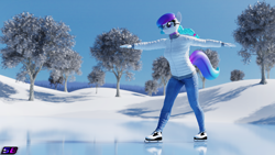 Size: 3840x2160 | Tagged: safe, artist:shadowboltsfm, oc, oc:aurora starling, anthro, plantigrade anthro, 3d, 4k, blender, clothes, cute, eyelashes, glasses, high res, ice, ice skates, ice skating, jeans, not sfm, pants, reflection, shoes, skates, smiling, snow, tree, winter