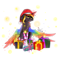 Size: 1103x1024 | Tagged: safe, alternate character, alternate version, artist:yuris, oc, oc only, oc:java, pony, unicorn, chest fluff, christmas, clothes, colored wings, fake wings, floppy ears, hat, holiday, horn, multicolored wings, present, rainbow wings, santa hat, simple background, socks, solo, striped socks, unicorn oc, white background, wings