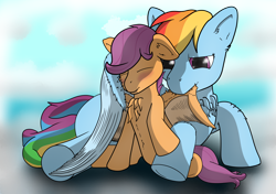 Size: 5016x3541 | Tagged: safe, artist:playful wings, rainbow dash, scootaloo, pegasus, pony, g4, blushing, chest fluff, cloud, eyes closed, female, grooming, peaceful, preening, scootalove, siblings, sisters, smiling, wings