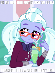 Size: 539x718 | Tagged: safe, edit, edited edit, edited screencap, screencap, sugarcoat, dance magic, equestria girls, g4, spoiler:eqg specials, accessory, bowtie, bronybait, caption, clothes, cropped, crystal prep academy uniform, drink, drinking straw, exclamation point, eyebrows, eyelashes, female, food, fruit, glasses, hairclip, hairpin, ice cream, impact font, indoors, inverted mouth, meme, milkshake, orange, ponytail, question, question mark, school uniform, shirt, smoothie, symbol, text, text edit, uniform