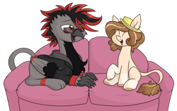 Size: 2606x1642 | Tagged: safe, artist:moonatik, oc, oc only, oc:celia montigre, oc:scorpio, griffon, pony, claws, clothes, commission, conversation, couch, female, hat, hoodie, mare, simple background, sitting, sunglasses, talking, transparent background, wings