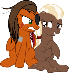 Size: 1418x1507 | Tagged: safe, artist:badumsquish, derpibooru exclusive, oc, oc only, oc:chocolate medley, oc:rustback, goo, goo pony, monster pony, original species, tatzlpony, 2021 community collab, derpibooru community collaboration, angry, bashful, chocolate, dog tags, duo, eyepatch, food, glare, grin, gritted teeth, looking at you, male, melting, nervous, nervous grin, ponytail, raised hoof, rule 63, scar, scared, shiny, side by side, simple background, sitting, smiling, transformation, transgender transformation, transparent background