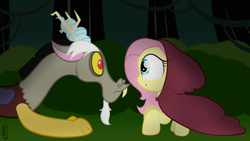 Size: 1920x1080 | Tagged: safe, artist:sugarcloud12, discord, fluttershy, pony, g4, little red riding hood