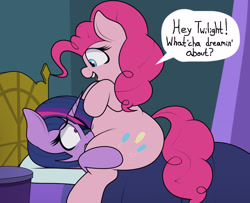 Size: 2920x2376 | Tagged: safe, artist:blitzyflair, pinkie pie, twilight sparkle, earth pony, pony, g4, bed, bedroom, bedsheets, belly button, chubby, duo, fat, female, high res, hol up, looking at each other, looking down, looking up, lying down, mare, on top, open mouth, personal space invasion, pillow, pinkie being pinkie, pinkiedom, plump, pudgy pie, question, scrunchy face, shrunken pupils, sitting, sitting on person, sitting on pony, smiling, speech bubble, stalker