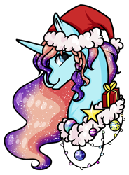 Size: 1947x2651 | Tagged: safe, artist:oneiria-fylakas, oc, oc only, pony, unicorn, christmas, ethereal mane, female, galaxy mane, hat, holiday, mare, present, santa hat, simple background, solo, transparent background