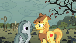 Size: 2063x1161 | Tagged: safe, anonymous artist, braeburn, marble pie, earth pony, pony, g4, autumn, female, looking at each other, male, mare, rock farm, ship:braeble, shipping, smiling, stallion, straight, winter, youtube link