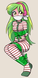 Size: 377x761 | Tagged: safe, artist:nivek15, edit, editor:thomasfan45, lemon zest, human, equestria girls, g4, arm behind back, bondage, bound and gagged, bow, button, christmas, christmas pajamas, cloth gag, clothes, cropped, cute, eyeshadow, female, femsub, footed sleeper, footie pajamas, gag, gift wrapped, headphones, holiday, lemonsub zest, looking at you, makeup, onesie, over the nose gag, pajamas, ribbon, sleepwear, solo, submissive, tied up