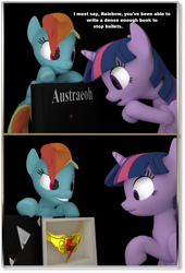 Size: 686x1006 | Tagged: safe, artist:edward256, rainbow dash, twilight sparkle, pegasus, pony, unicorn, fanfic:austraeoh, g4, 2 panel comic, 3d, blender, blender cycles, book, comic, element of loyalty, eyelashes, fanfic art, female, grin, mare, not sfm, smiling, talking, thinking, unicorn twilight, wide eyes