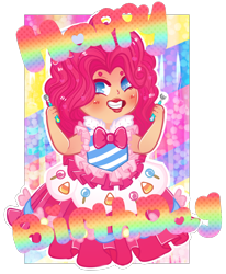Size: 908x1102 | Tagged: safe, artist:lonepuddingcup, pinkie pie, human, g4, bowtie, clothes, dignified wear, dress, female, gala dress, grin, happy birthday, humanized, lipstick, smiling