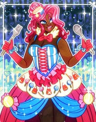Size: 1100x1400 | Tagged: safe, artist:lonepuddingcup, pinkie pie, human, g4, abstract background, bowtie, clothes, dark skin, dress, female, gala dress, gloves, grin, humanized, lipstick, smiling, solo, spoon