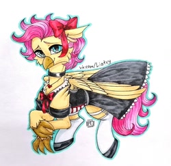 Size: 1600x1556 | Tagged: safe, artist:liatry, oc, oc only, oc:shiny shell, hippogriff, clothes, crossdressing, cute, girly, maid, male, solo, stallion