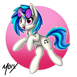 Size: 3000x3000 | Tagged: safe, artist:supermoix, dj pon-3, vinyl scratch, pony, unicorn, g4, abstract background, blue hair, female, happy, headphones, high res, horn, jumping, looking at you, mare, open mouth, open smile, smiling, smiling at you, solo, vinyl's glasses, vinyl's headphones
