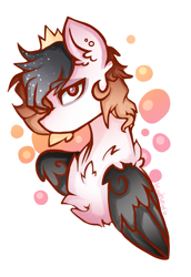 Size: 1353x1961 | Tagged: safe, artist:kaatseye, oc, oc only, oc:destiny, pegasus, pony, abstract background, bust, chest fluff, crown, ear piercing, ethereal mane, jewelry, pegasus oc, piercing, regalia, solo, starry mane, wings