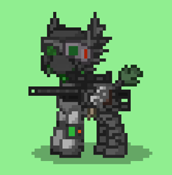 Size: 333x338 | Tagged: safe, oc, oc only, oc:nettea, pegasus, pony, ashes town, armor, green background, gun, pegasus oc, pipbuck, power armor, rifle, simple background, sniper, sniper rifle, solo, weapon, wings