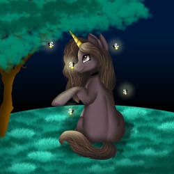 Size: 1080x1080 | Tagged: safe, artist:rxndxm.artist, oc, oc only, firefly (insect), insect, pony, unicorn, choker, horn, raised hoof, smiling, tree, unicorn oc