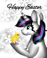 Size: 966x1200 | Tagged: safe, artist:rxndxm.artist, oc, oc only, oc:shooting star, bird, chicken, pony, unicorn, female, happy easter, hoof hold, horn, jewelry, mare, necklace, smiling, unicorn oc