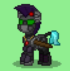 Size: 333x338 | Tagged: safe, oc, oc only, oc:snipell, crystal pony, pony, ashes town, armor, crystal pony armor, crystal pony oc, green background, power armor, simple background, solo, sword, weapon