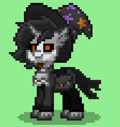 Size: 336x356 | Tagged: safe, oc, oc:author kvas, pony, unicorn, ashes town, clothes, costume, glowing eyes, green background, halloween, hat, holiday, other design, simple background, skeleton costume, solo, spooky