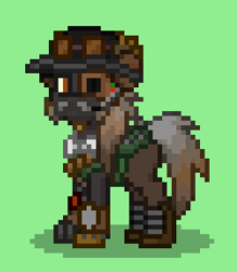 Size: 301x345 | Tagged: safe, oc, oc only, oc:copper cotton, earth pony, pony, ashes town, augmentation, earth pony oc, goggles, green background, hat, simple background, solo, steampunk