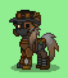 Size: 320x367 | Tagged: safe, oc, oc only, oc:copper cotton, earth pony, pony, ashes town, armor, augmentation, copper, earth pony oc, goggles, green background, hat, other design, simple background, solo, steampunk, steampunk armory