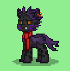 Size: 352x355 | Tagged: safe, oc, oc only, oc:other chitin, changeling, ashes town, changeling oc, clothes, facial markings, glowing eyes, green background, purple changeling, scarf, simple background, solo