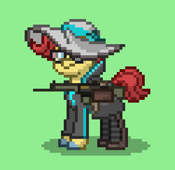 Size: 376x366 | Tagged: safe, oc, oc only, oc:cheeky ruff, pony, unicorn, ashes town, green background, gun, hat, horn, simple background, solo, unicorn oc, weapon