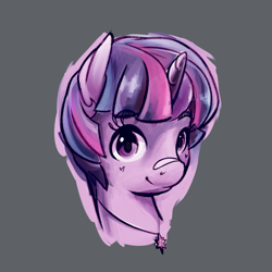 Size: 1280x1280 | Tagged: safe, artist:danfango, twilight sparkle, pony, unicorn, g4, alternate hairstyle, bandaid, bust, cutie mark accessory, cutie mark necklace, eyelashes, female, gray background, jewelry, mare, necklace, short hair, simple background, smiling, solo, unicorn twilight