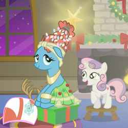 Size: 6969x6969 | Tagged: safe, artist:kmlp, derpibooru exclusive, meadowbrook, sweetie belle, earth pony, pony, unicorn, g4, absurd resolution, antlers, bauble, being a christmas tree, carpet, christmas, christmas decoration, christmas lights, christmas ornament, cute, daaaaaaaaaaaw, decoration, diasweetes, duo, female, filly, fireplace, floppy ears, garland, happy, healer's mask, holiday, indoors, looking at someone, mare, mask, meadowcute, open mouth, open smile, present, raised hoof, reindeer antlers, sitting, smiling, standing, stool