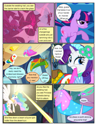 Size: 612x792 | Tagged: safe, artist:newbiespud, edit, edited screencap, screencap, princess celestia, rarity, twilight sparkle, alicorn, changeling, pony, unicorn, comic:friendship is dragons, a canterlot wedding, g4, blast, clothes, comic, dialogue, dress, eyelashes, female, flower, flower in hair, flying, glowing horn, hoof shoes, horn, magic, magic beam, magic blast, mare, mouth hold, peytral, screencap comic, unicorn twilight