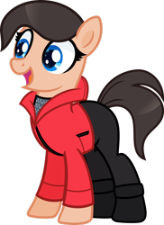 Size: 1600x2194 | Tagged: safe, artist:n0kkun, earth pony, pony, boots, clothes, female, hoodie, implied apple bloom, jeans, mare, michelle creber, open mouth, pants, ponified, shirt, shoes, simple background, solo, t-shirt, transparent background, voice actor