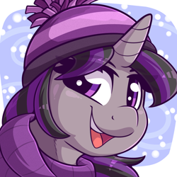 Size: 2000x2000 | Tagged: safe, artist:graphene, oc, oc only, oc:magna-save, pony, unicorn, bust, christmas, clothes, cute, eye clipping through hair, female, hat, high res, holiday, looking at you, mare, scarf, simple background, smiling, snow, solo, winter, winter hat, winter outfit