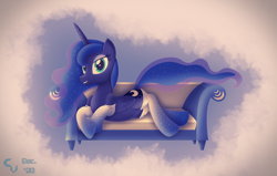 Size: 4494x2863 | Tagged: safe, artist:cosmikvek, princess luna, alicorn, pony, g4, belly button, clothes, couch, female, looking at you, luna day, mare, simple background, socks, solo, thigh highs