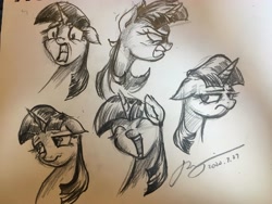 Size: 4032x3024 | Tagged: safe, artist:musical ray, twilight sparkle, pony, g4, angry, bashful, ears back, expressions, happy, monochrome, multeity, scared, sketch, solo, sparkle sparkle sparkle, traditional art, unamused