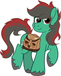 Size: 959x1200 | Tagged: safe, artist:binkyt11, derpibooru exclusive, oc, oc only, oc:forest farseer, earth pony, pony, 2021 community collab, derpibooru community collaboration, bag, balancing, looking at you, male, raised hoof, saddle bag, simple background, solo, stallion, transparent background, unshorn fetlocks