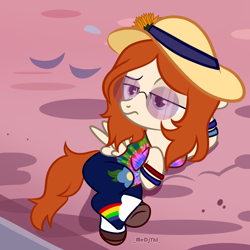 Size: 3000x3000 | Tagged: safe, artist:jelisicli, oc, oc only, oc:aurora sunflower, pegasus, pony, clothes, commission, female, filly, flats, hat, high res, pants, raised eyebrow, shirt, shoes, solo, sun hat, sunglasses, t-shirt, unamused, wristband, ych result