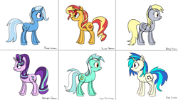 Size: 3840x2160 | Tagged: safe, artist:byteslice, derpy hooves, dj pon-3, lyra heartstrings, starlight glimmer, sunset shimmer, trixie, vinyl scratch, pegasus, pony, unicorn, g4, 4k, colored sketch, eye clipping through hair, female, folded wings, high res, mare, simple background, sketch, white background, wings