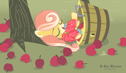 Size: 2280x1320 | Tagged: safe, artist:jelisicli, oc, oc only, oc:pina colada (ice1517), pegasus, pony, icey-verse, apple, apple tree, blouse, bucket, clothes, commission, eyes closed, female, filly, food, grass, lying down, magical lesbian spawn, markings, offspring, on back, open mouth, parent:applejack, parent:strawberry sunrise, parents:applerise, raised hoof, raised leg, shirt, shorts, solo, tree, ych result, younger