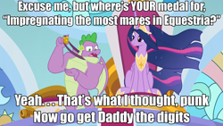 Size: 1280x720 | Tagged: safe, edit, screencap, spike, twilight sparkle, alicorn, dragon, pony, g4, the last problem, caption, crown, duo, female, flowing mane, flowing tail, gigachad spike, image macro, implied impregnation, jewelry, low effort, male, medal, meme, older, older spike, older twilight, older twilight sparkle (alicorn), pimpin' ain't easy, princess of friendship, princess twilight 2.0, regalia, sitting, spike gets all the mares, straight, text, throne, throne room, twilight sparkle (alicorn), winged spike, wings