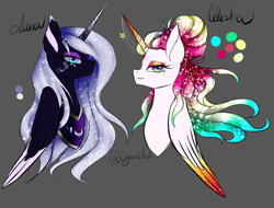 Size: 1707x1300 | Tagged: safe, artist:minelvi, princess celestia, princess luna, alicorn, pony, g4, 2016, alternate design, alternate hairstyle, alternate universe, bedroom eyes, bust, closed mouth, colored eartips, colored wings, colored wingtips, duo, ear fluff, ethereal mane, eyelashes, eyeshadow, female, folded wings, galaxy mane, gradient horn, gradient mane, gradient wings, gray background, hair bun, horn, horn jewelry, jewelry, lidded eyes, looking at you, makeup, mare, mouth on side of face, peytral, reference sheet, siblings, side view, simple background, sisters, smiling, sparkly mane, sparkly wings, white-haired luna, wings