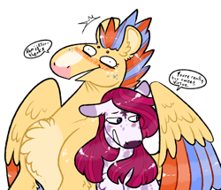 Size: 932x800 | Tagged: safe, artist:fastserve, oc, oc only, oc:guards virtue, oc:morning light, pegasus, pony, unicorn, blushing, chest fluff, colored wings, female, flustered, lesbian, magical gay spawn, magical lesbian spawn, mare, oc x oc, offspring, offspring shipping, parent:flash sentry, parent:sunburst, parent:tempest shadow, parent:twilight sparkle, parents:flashburst, parents:tempestlight, shipping, simple background, speech bubble, transparent background, wings