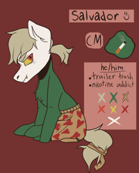 Size: 1039x1296 | Tagged: safe, artist:friendlyarts, oc, oc only, oc:salvador, earth pony, pony, boxers, cigarette, clothes, male, ponytail, reference sheet, solo, stallion, underwear, yellow eyes