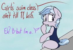 Size: 2339x1613 | Tagged: safe, artist:pinkberry, oc, oc only, oc:winter azure, earth pony, pony, braces, clothes, colt, crossdressing, cute, earth pony oc, eyelashes, foal, freckles, girly, male, mistaken gender, ocbetes, offscreen character, one-piece swimsuit, poolside, school swimsuit, solo, speech, swimming pool, swimsuit, talking, text, trap, water
