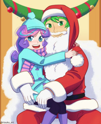 Size: 808x989 | Tagged: safe, artist:riouku, princess flurry heart, spike, human, g4, christmas, clothes, commission, costume, fake beard, holiday, hug, humanized, santa costume, uncle spike, winter outfit