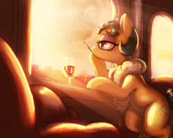 Size: 2500x2000 | Tagged: safe, artist:t72b, cleopatra jazz, earth pony, pony, g4, alcohol, chair, cigarette, glass, high res, pillow, sitting, smoking, solo, sunset, window, wine, wine glass