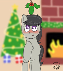 Size: 2900x3300 | Tagged: safe, artist:demitri, octavia melody, earth pony, pony, g4, blurry background, blushing, chest fluff, christmas, christmas lights, christmas presents, christmas tree, female, fire, fireplace, front view, high res, holiday, holly, holly mistaken for mistletoe, looking up, offscreen character, pov, signature, solo, tree, wingding eyes