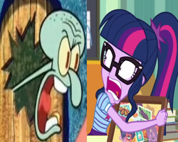 Size: 750x600 | Tagged: safe, edit, edited screencap, screencap, sci-twi, twilight sparkle, equestria girls, equestria girls series, g4, the last day of school, angry, comparison, good neighbors, male, nickelodeon, shrunken pupils, spongebob squarepants, squidward tentacles, wrong aspect ratio, yelling