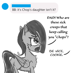 Size: 1153x1173 | Tagged: safe, artist:chopsticks, oc, oc only, oc:cookie cutter, pegasus, pony, ask, ask cookie cutter, cheek fluff, chest fluff, dialogue, female, filly, monochrome, offscreen character, sketch, text