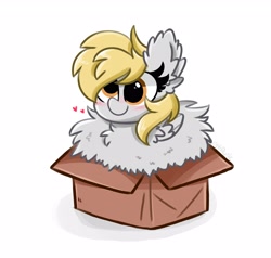 Size: 3146x2996 | Tagged: safe, artist:kittyrosie, derpy hooves, pegasus, pony, g4, blushing, box, cardboard box, cute, derpabetes, ear fluff, excessive fluff, female, fluffy, fluffyderpy, heart, high res, if i fits i sits, pony in a box, simple background, smiling, solo, white background