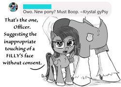 Size: 1100x788 | Tagged: safe, artist:chopsticks, oc, oc only, oc:cookie cutter, pony, ask, ask cookie cutter, cheek fluff, chest fluff, dialogue, ear fluff, female, filly, looking at you, monochrome, non-consensual booping, pointing, police officer, sketch, text, unshorn fetlocks, wing hands, wings