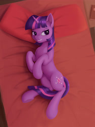 Size: 3543x4724 | Tagged: safe, alternate version, artist:lin feng, twilight sparkle, pony, unicorn, g4, absurd resolution, bed, bedroom eyes, belly, book, concave belly, female, lying down, lying on bed, mare, on back, on bed, on side, pillow, smiling, solo, unicorn twilight